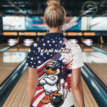 Load image into Gallery viewer, Back view of a womens bowling polo worn in a bowling center featuring a patriotic duck beside a bowling ball graphic.