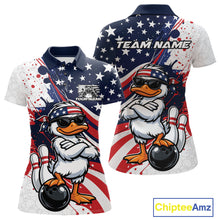 Load image into Gallery viewer, Womens bowling polo shirt mockup in front and back views with patriotic duck graphics wearing sunglasses next to a bowling ball.