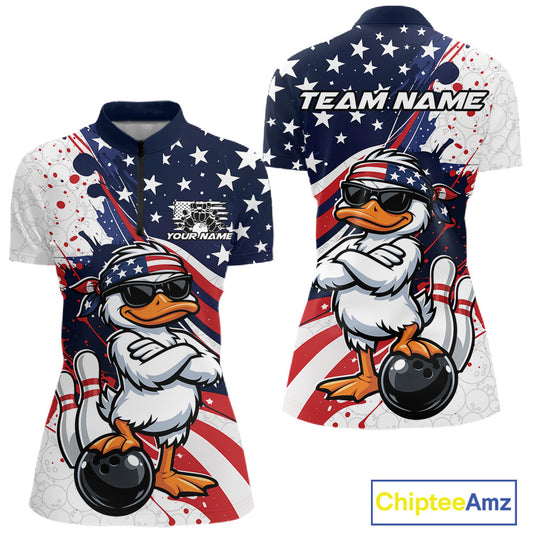 Front and back view women’s quarter-zip shirt mockup with patriotic duck bowling ball artwork