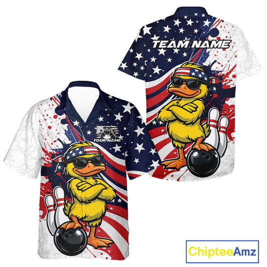 Button-up bowling shirt mockup displaying a patriotic duck wearing sunglasses beside a bowling ball in front and back views.