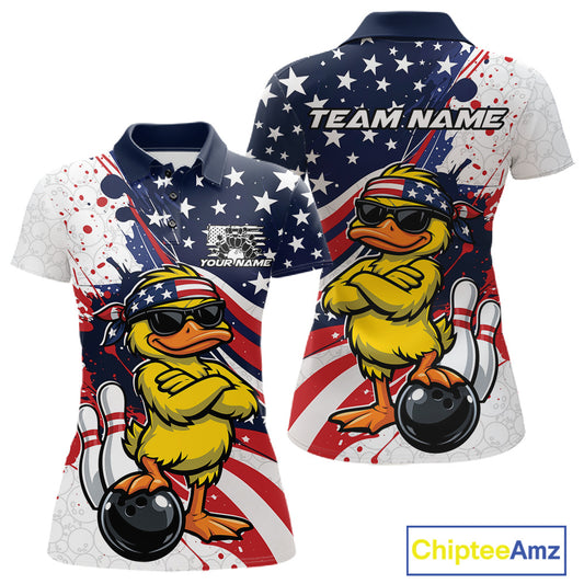Front and back womens bowling polo mockup showcasing a patriotic duck wearing sunglasses beside a bowling ball graphic.