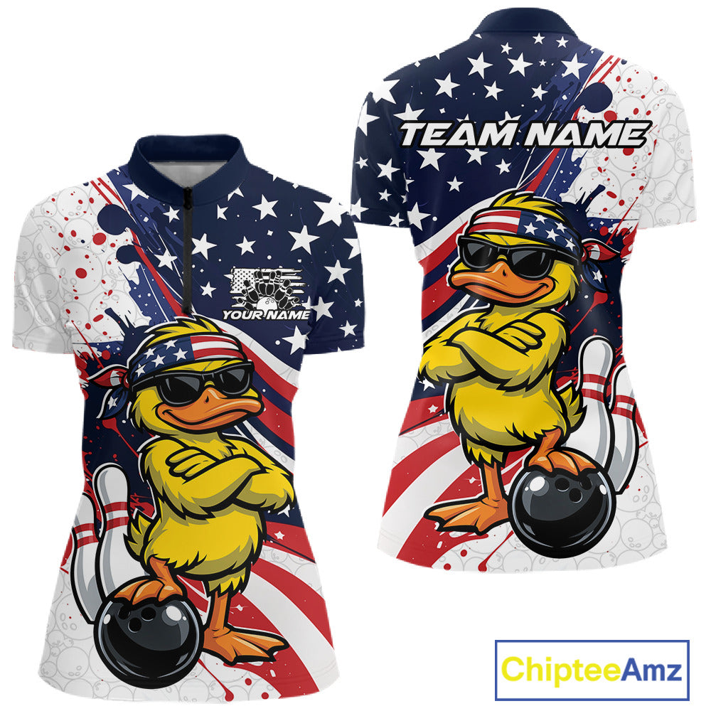 Front and back view women’s quarter-zip bowling shirt mockup featuring patriotic duck in sunglasses beside bowling ball illustration