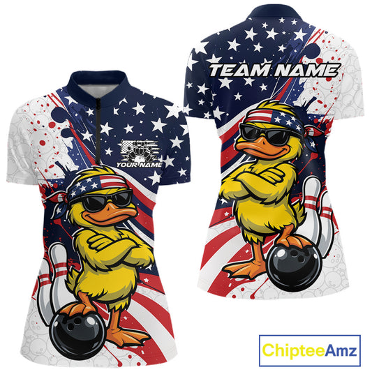 Front and back view women’s quarter-zip bowling shirt mockup featuring patriotic duck in sunglasses beside bowling ball illustration