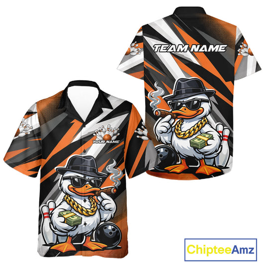 Front and back views of a black and orange button-up bowling shirt with duck-themed bowling graphics and bowling ball accents.