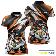 Load image into Gallery viewer, Front and back view of a womens black and orange bowling polo shirt featuring a duck in sunglasses and fedora holding cash and a cigar beside bowling ball and pins.