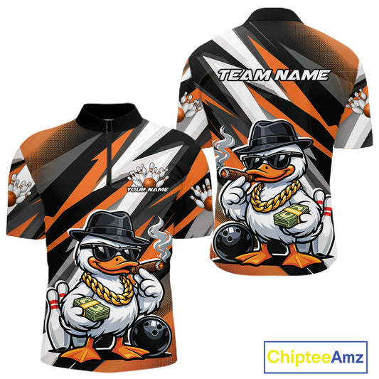 Front and back view of a men’s quarter-zip bowling shirt featuring patriotic duck in sunglasses beside bowling ball artwork