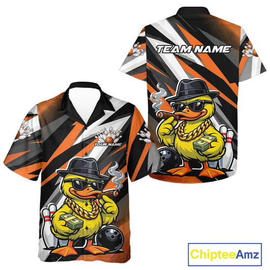 Black and orange button-up bowling shirt mockup featuring a duck in sunglasses and fedora holding cash and a cigar beside bowling pins.