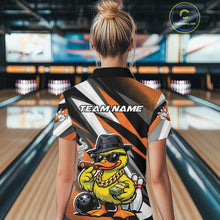 Load image into Gallery viewer, Back view female model in bowling lane wearing polo shirt with duck sunglasses fedora cash cigar bowling ball and pins design