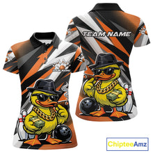 Load image into Gallery viewer, Front and back view women’s polo shirt mockup featuring duck in sunglasses and fedora holding cash and cigar beside bowling ball and pins black and orange design