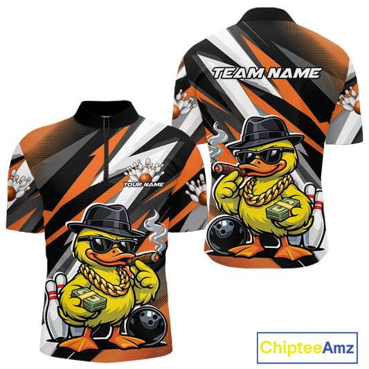 Front and back view of a men’s quarter-zip bowling shirt mockup featuring duck in sunglasses and fedora holding cash and cigar beside bowling ball and pins black and orange design