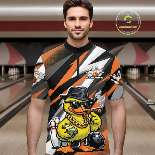 Male model in bowling lane wearing quarter-zip shirt with duck sunglasses fedora cash cigar bowling ball pins artwork