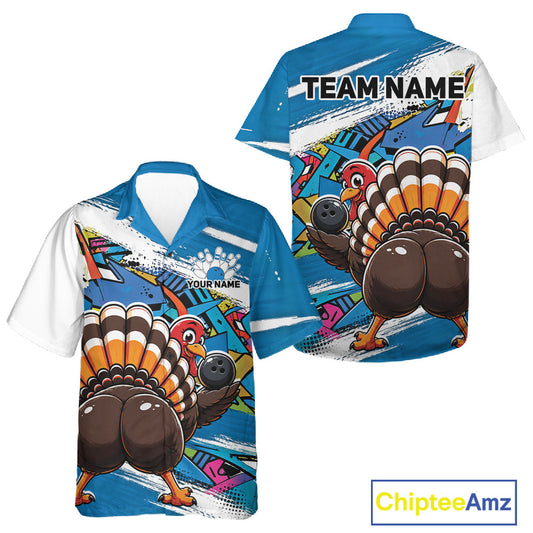 Front and back views of a blue custom bowling button up shirt with a graffiti inspired urban turkey holding a bowling ball.