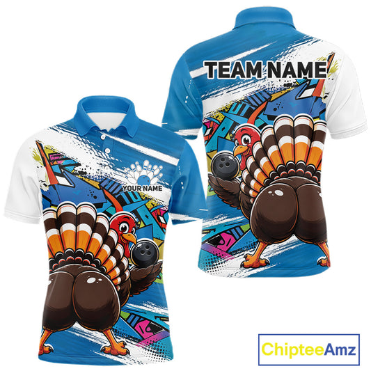 Front and back views of a blue custom men's bowling polo shirt featuring an urban street style graffiti turkey holding a bowling ball.