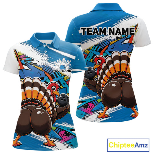 Front and back views of a blue custom women's bowling polo shirt featuring a funny graffiti turkey holding a bowling ball, paint splatter accents, and a personalized name.