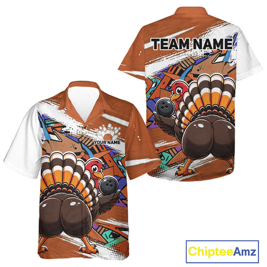 Front and back views of an orange custom bowling button up shirt featuring a funny urban street style graffiti turkey holding a bowling ball.