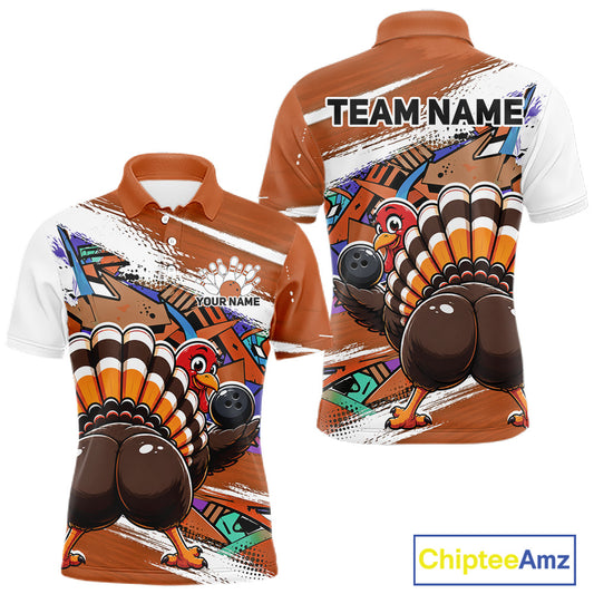 Front and back views of an orange custom men's bowling polo shirt featuring an urban street style graffiti turkey holding a bowling ball.