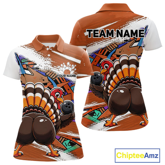 Front and back views of an orange custom women's bowling polo shirt featuring a funny graffiti turkey holding a bowling ball, paint splatter accents, and a personalized name.