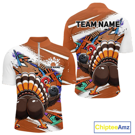 Front and back views of an orange custom quarter zip bowling shirt featuring a funny graffiti turkey holding a bowling ball, paint splatter accents, and a personalized name.