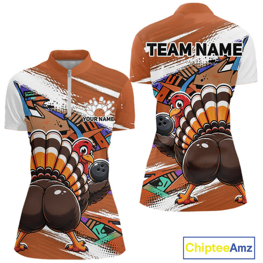 Front and back views of an orange custom women's quarter zip bowling shirt featuring a funny graffiti turkey holding a bowling ball, paint splatter accents, and a personalized name.