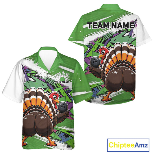 Front and back views of a green custom bowling button up shirt featuring a funny urban street style graffiti turkey holding a bowling ball.