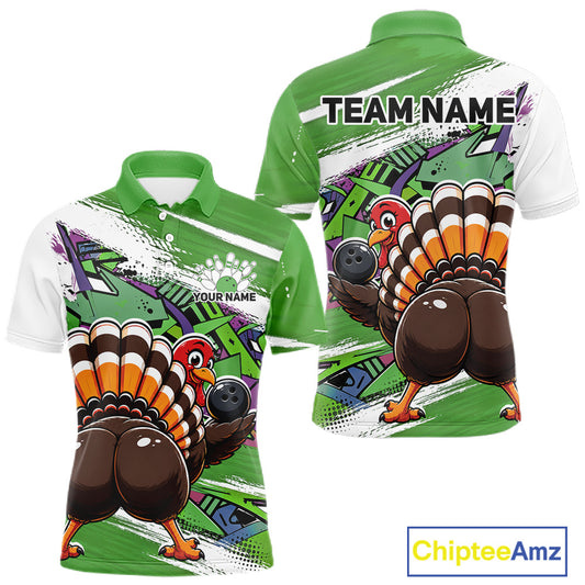 Front and back views of a green custom men's bowling polo shirt featuring an urban street style graffiti turkey holding a bowling ball.