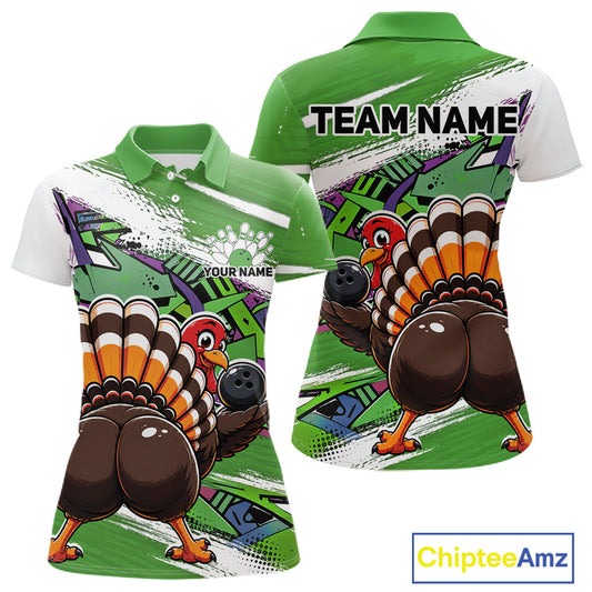 Front and back views of a green custom women's bowling polo shirt featuring a funny graffiti turkey holding a bowling ball, paint splatter accents, and a personalized name.