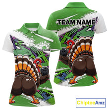 Load image into Gallery viewer, Front and back views of a green custom women's bowling polo shirt featuring a funny graffiti turkey holding a bowling ball, paint splatter accents, and a personalized name.