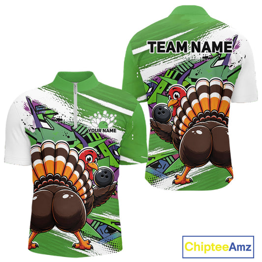 Front and back views of a green custom quarter zip bowling shirt featuring a funny graffiti turkey holding a bowling ball, paint splatter accents, and a personalized name.