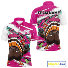 Load image into Gallery viewer, Front and back views of a pink custom men's bowling polo shirt featuring an urban street style graffiti turkey holding a bowling ball.