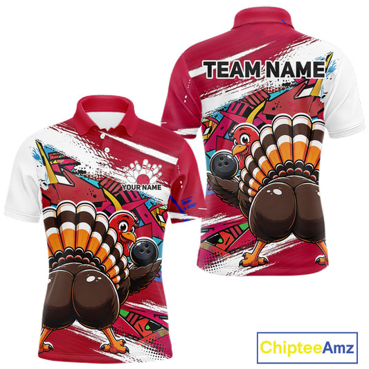 Front and back views of a red custom men's bowling polo shirt featuring an urban street style graffiti turkey holding a bowling ball.