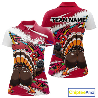 Front and back views of a red custom women's bowling polo shirt featuring a funny graffiti turkey holding a bowling ball, paint splatter accents, and a personalized name.
