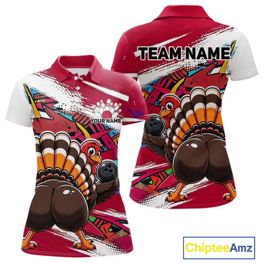 Front and back views of a red custom women's bowling polo shirt featuring a funny graffiti turkey holding a bowling ball, paint splatter accents, and a personalized name.