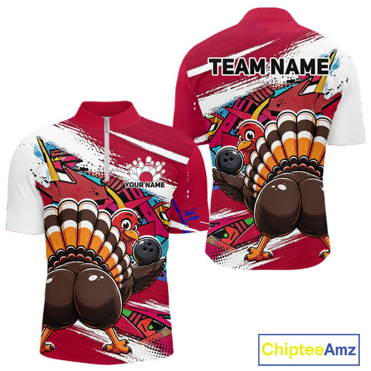 Front and back views of a red custom quarter zip bowling shirt featuring a funny graffiti turkey holding a bowling ball, paint splatter accents.