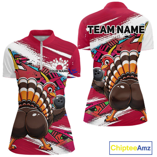 Front and back views of a red custom women's quarter zip bowling shirt featuring a funny graffiti turkey holding a bowling ball, paint splatter accents, and a personalized name.