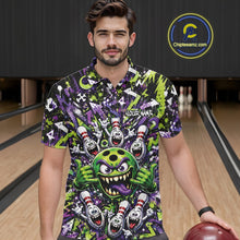 Load image into Gallery viewer, Front view of a male model at a bowling lane wearing a green and purple bowling polo shirt featuring a mischievous green monster bowling ball with sharp teeth, a purple tongue, playful hand gesture, and cheerful cartoon bowling pins.