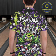 Load image into Gallery viewer, Back view of a male model wearing a green and purple bowling polo shirt in a bowling lane, featuring a mischievous green monster bowling ball with sharp teeth, a purple tongue, playful hand gesture, and cheerful cartoon bowling pins.