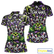 Load image into Gallery viewer, Front and back view of a green and purple women's bowling polo shirt displaying a mischievous green monster bowling ball with sharp teeth, a purple tongue, playful hand gesture, and cheerful cartoon bowling pins.