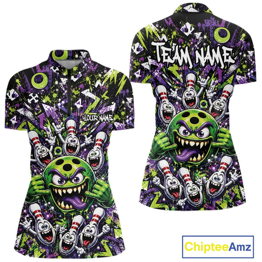Front and back view of a green and purple women's bowling quarter-zip shirt featuring a mischievous green monster bowling ball with sharp teeth, a purple tongue, playful hand gesture, and cheerful cartoon bowling pins.