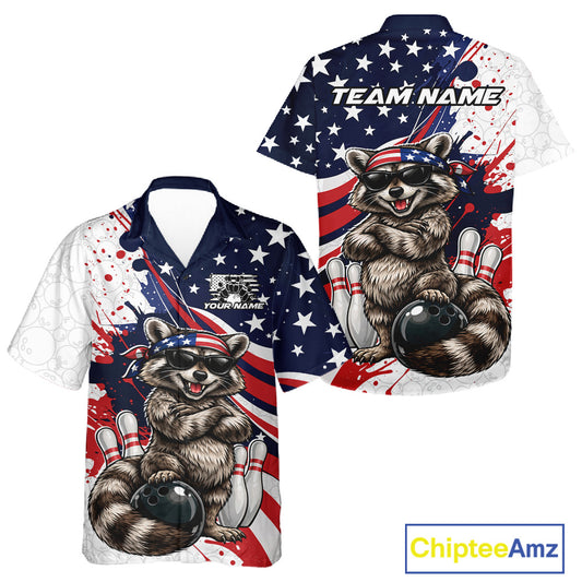 Button-up bowling shirt mockup featuring a raccoon in sunglasses and a patriotic bandana leaning on a bowling ball, shown front and back.