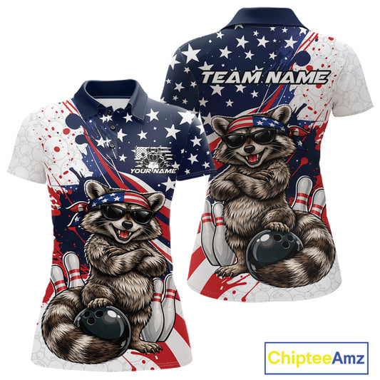 Front and back view women’s polo shirt mockup featuring raccoon wearing sunglasses and patriotic bandana leaning on bowling ball illustration
