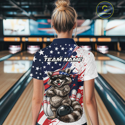 Back view female model in bowling lane wearing polo shirt with raccoon sunglasses patriotic bandana leaning on bowling ball design