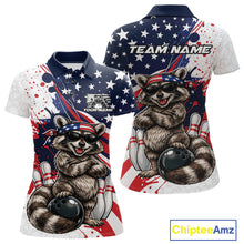 Load image into Gallery viewer, Custom Patriotic Funny Racoon Bowling Women Polo Shirt, US Flag Bowling Jerseys IPHW11126