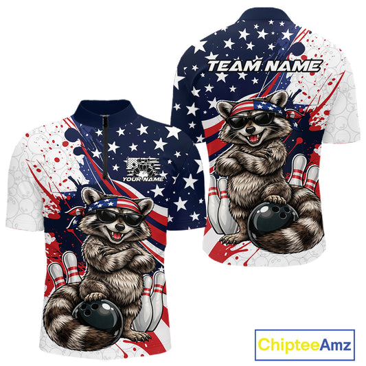 Front and back view of a men’s quarter-zip bowling shirt mockup featuring raccoon in sunglasses and patriotic bandana leaning on bowling ball illustration
