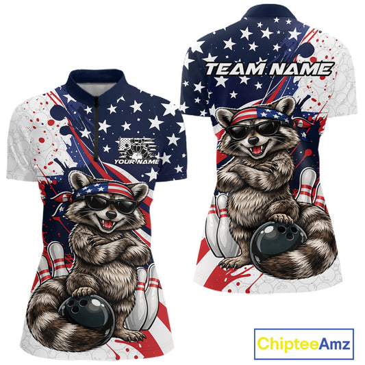 Front and back mockup of womens bowling quarter zip featuring a raccoon wearing sunglasses and patriotic bandana leaning on a bowling ball with playful sports illustration.