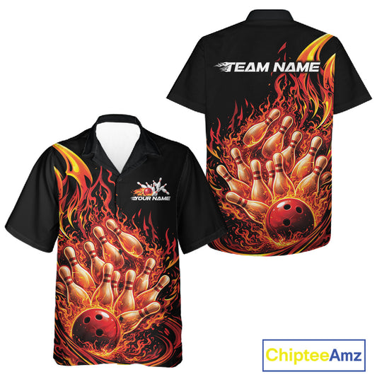 Front and back black and red button-up bowling shirt displaying a blazing bowling ball crashing through pins illustration.