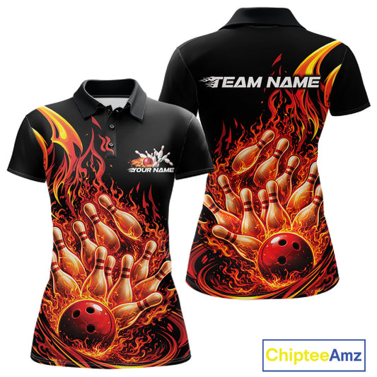 Front and back view of a women’s polo shirt featuring flaming bowling ball striking pins turquoise blue fire burst artwork