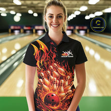 Load image into Gallery viewer, Female model in bowling lane wearing polo shirt with flaming bowling ball striking pins turquoise blue dynamic sports design