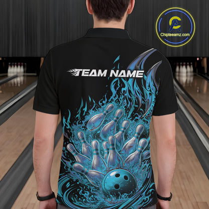 Back view of a black and blue bowling polo shirt featuring dynamic flame graphics and bowling pins.