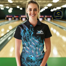 Load image into Gallery viewer, Female model in bowling lane wearing polo shirt with flaming bowling ball striking pins purple dynamic sports fire design