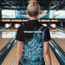 Load image into Gallery viewer, Back view female model wearing polo shirt with flaming bowling ball striking pins purple explosive bowling graphics